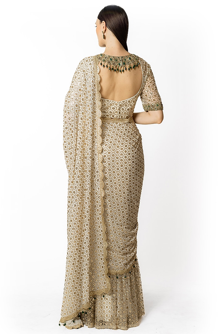 Ivory Georgette & Net Embroidered Reception Lehenga Saree Set by Rabani & Rakha at Pernia's Pop Up Shop