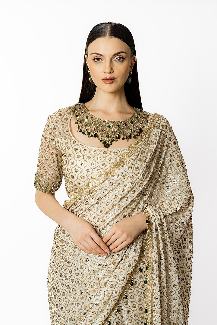 Ivory Georgette & Net Embroidered Reception Lehenga Saree Set by Rabani & Rakha at Pernia's Pop Up Shop