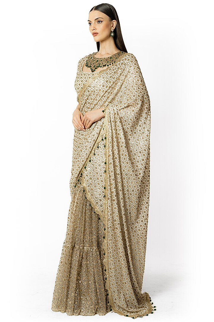 Ivory Georgette & Net Embroidered Reception Lehenga Saree Set by Rabani & Rakha at Pernia's Pop Up Shop