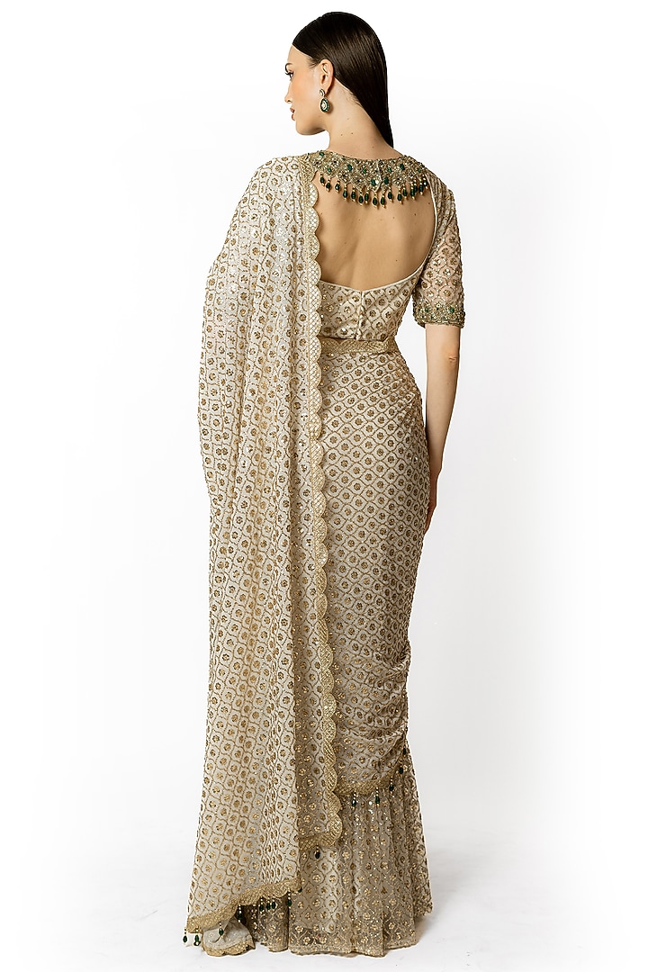 Ivory Georgette & Net Embroidered Reception Lehenga Saree Set by Rabani & Rakha at Pernia's Pop Up Shop