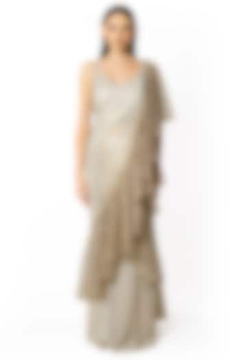 Ivory Georgette Sequins Embroidered Reception Lehenga Saree Set by Rabani & Rakha at Pernia's Pop Up Shop