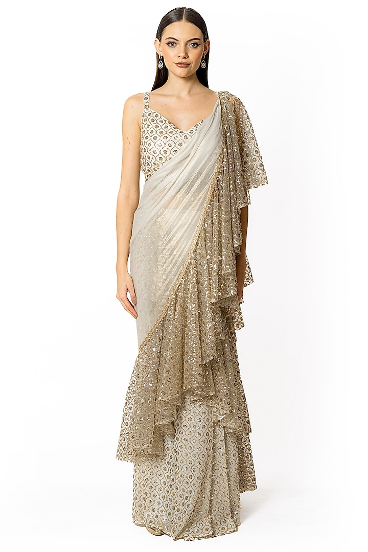 Ivory Georgette Sequins Embroidered Reception Lehenga Saree Set by Rabani & Rakha at Pernia's Pop Up Shop