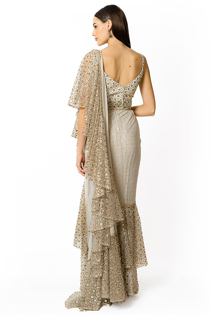 Ivory Georgette Sequins Embroidered Reception Lehenga Saree Set by Rabani & Rakha at Pernia's Pop Up Shop