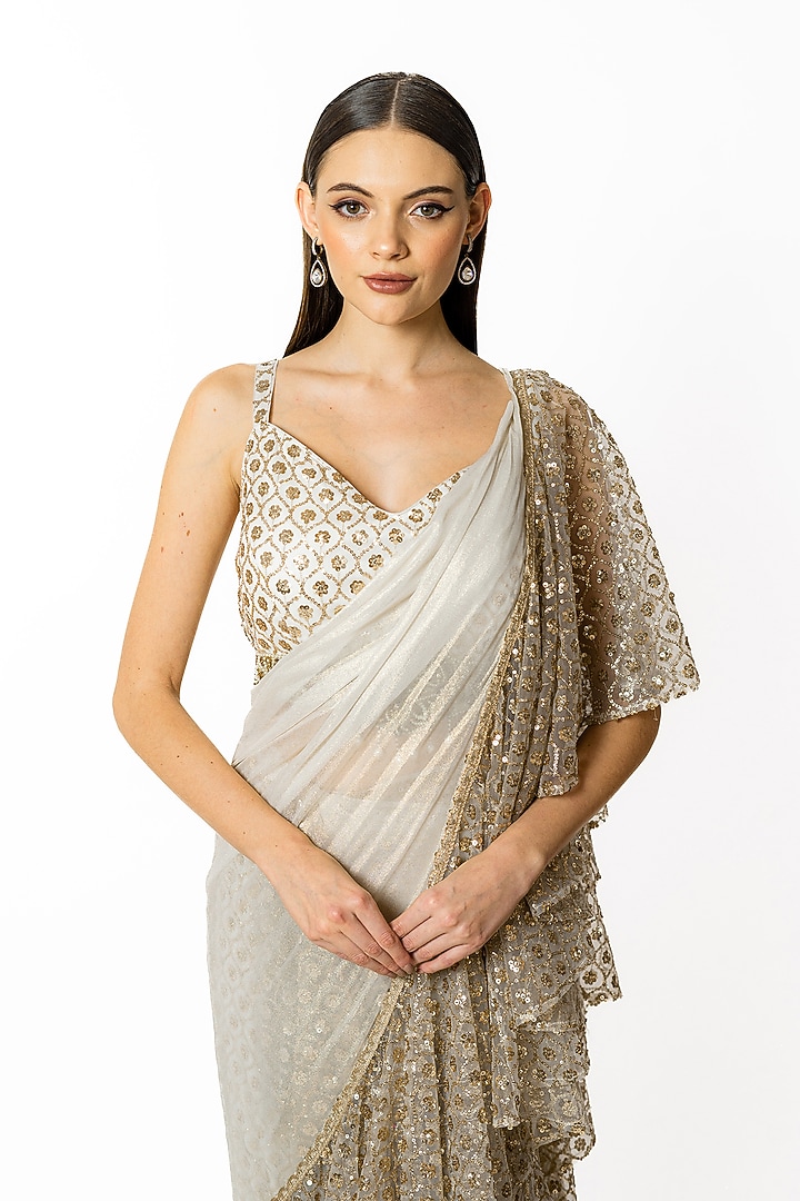 Ivory Georgette Sequins Embroidered Reception Lehenga Saree Set by Rabani & Rakha at Pernia's Pop Up Shop