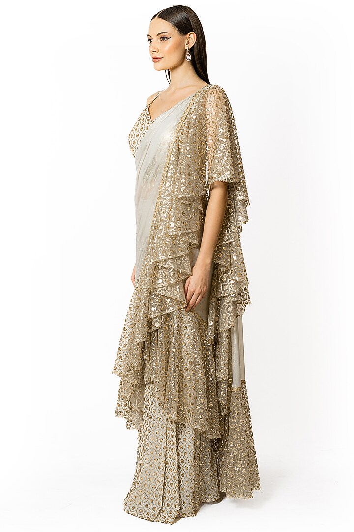 Ivory Georgette Sequins Embroidered Reception Lehenga Saree Set by Rabani & Rakha at Pernia's Pop Up Shop