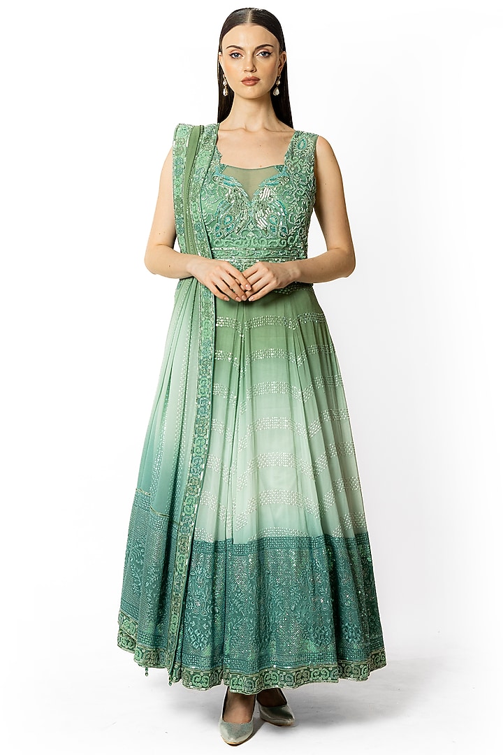 Peacock Green & Aqua Shaded Georgette Sequins Embroidered Bridal Anarkali Set by Rabani & Rakha at Pernia's Pop Up Shop