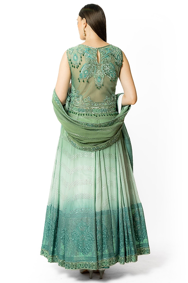 Peacock Green & Aqua Shaded Georgette Sequins Embroidered Bridal Anarkali Set by Rabani & Rakha at Pernia's Pop Up Shop