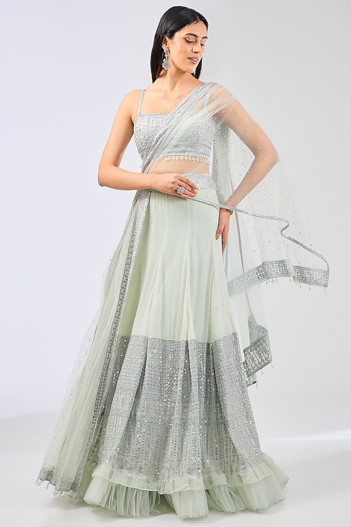 Sage Green Georgette Thread Embroidered Bridal Lehenga Set by Rabani & Rakha at Pernia's Pop Up Shop