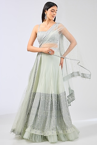 Sage Green Georgette Thread Embroidered Lehenga Set by Rabani & Rakha