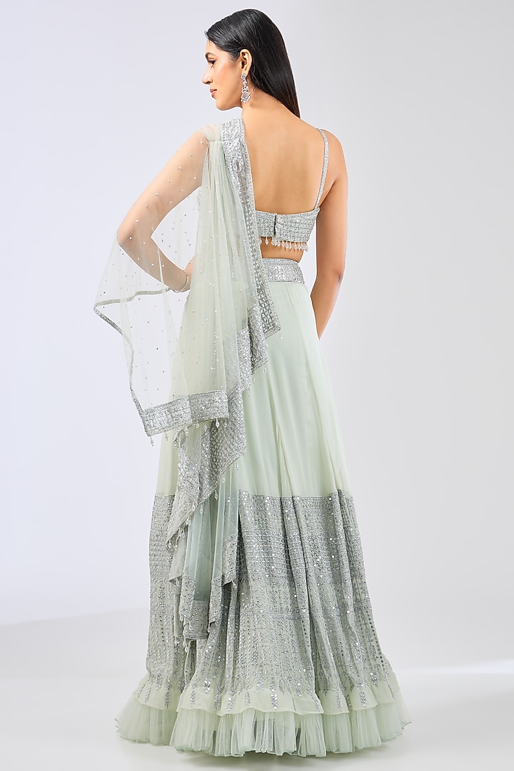 Sage Green Georgette Thread Embroidered Bridal Lehenga Set by Rabani & Rakha at Pernia's Pop Up Shop