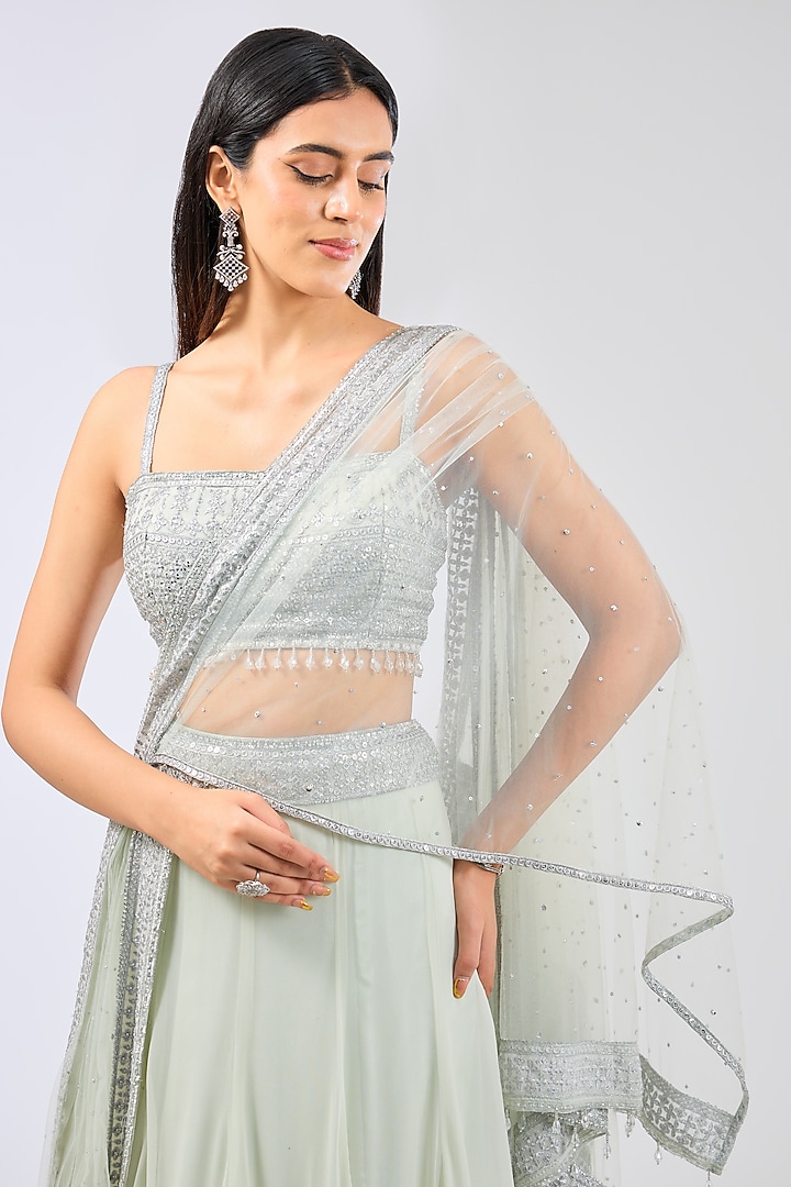 Sage Green Georgette Thread Embroidered Bridal Lehenga Set by Rabani & Rakha at Pernia's Pop Up Shop
