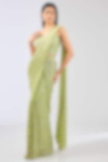 Lime Green Georgette Sequins Embroidered Saree Set by Rabani & Rakha at Pernia's Pop Up Shop