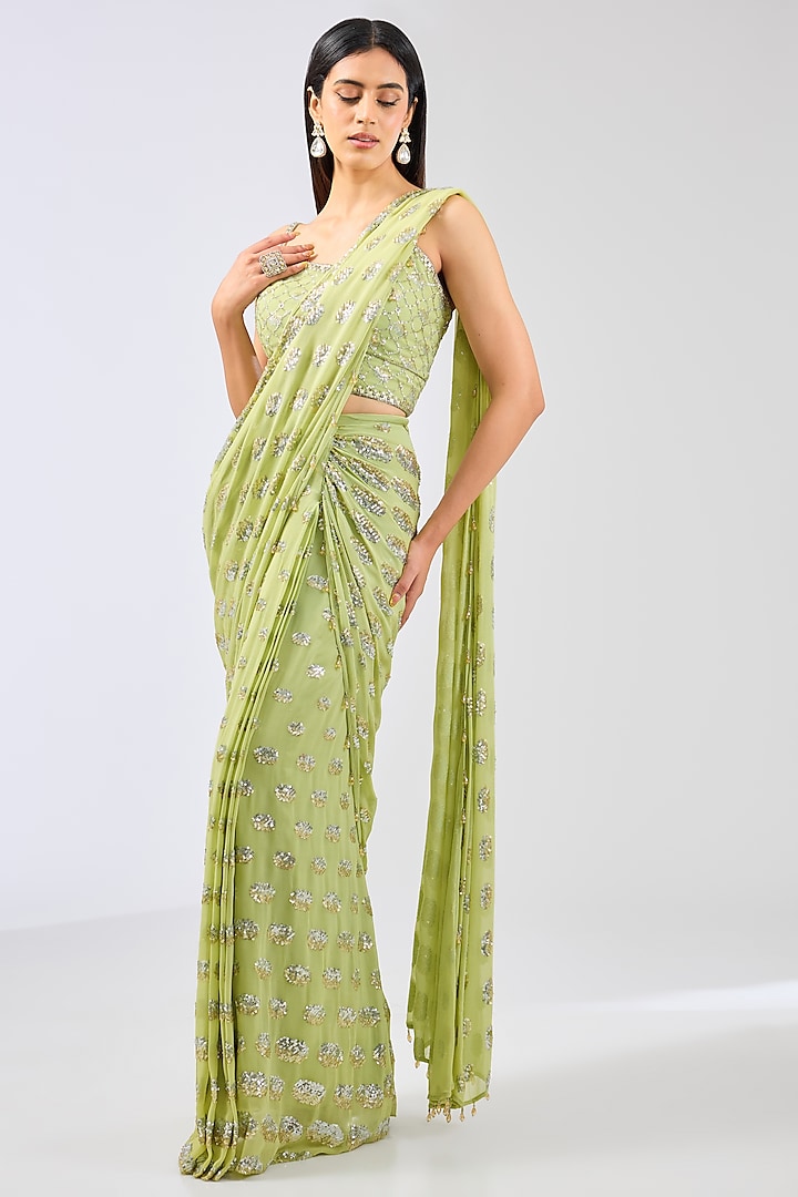 Lime Green Georgette Sequins Embroidered Saree Set by Rabani & Rakha at Pernia's Pop Up Shop