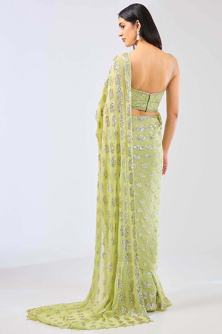 Lime Green Georgette Sequins Embroidered Wedding Saree Set by Rabani & Rakha at Pernia's Pop Up Shop