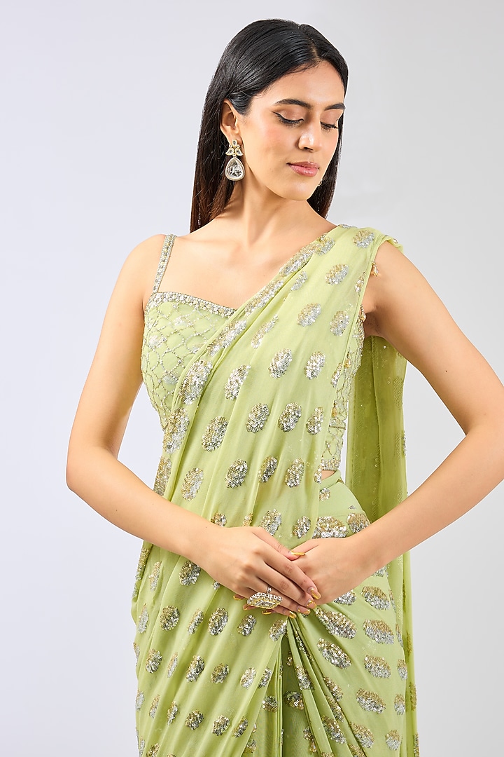 Lime Green Georgette Sequins Embroidered Wedding Saree Set by Rabani & Rakha at Pernia's Pop Up Shop