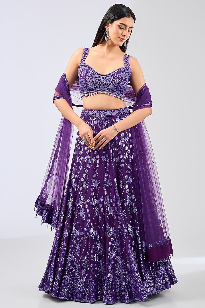 Purple Georgette Hand Embroidered Bridal Lehenga Set by Rabani & Rakha at Pernia's Pop Up Shop