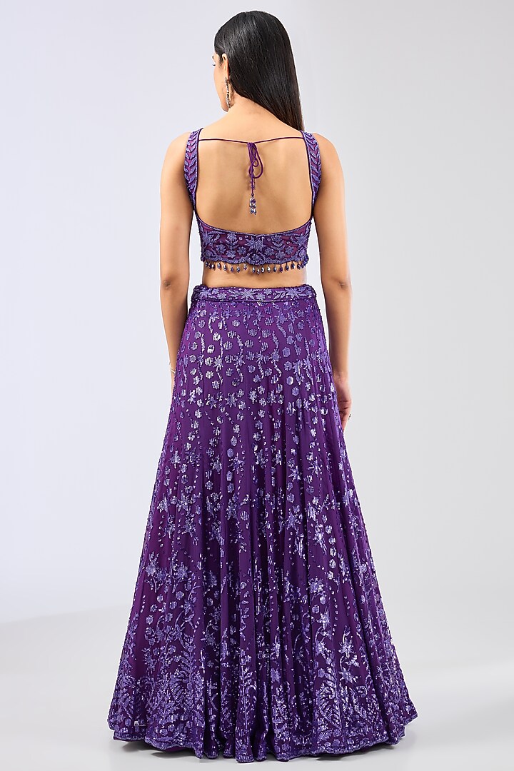 Purple Georgette Hand Embroidered Bridal Lehenga Set by Rabani & Rakha at Pernia's Pop Up Shop