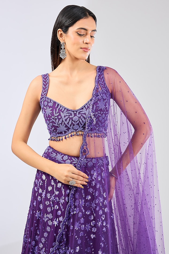 Purple Georgette Hand Embroidered Bridal Lehenga Set by Rabani & Rakha at Pernia's Pop Up Shop