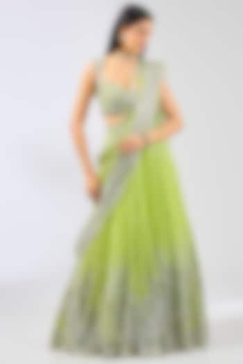 Lime Green Georgette Hand Embroidered Lehenga Set by Rabani & Rakha