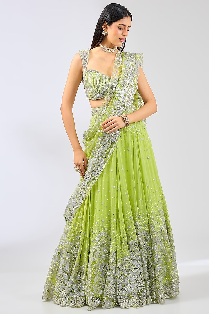 Lime Green Georgette Hand Embroidered Lehenga Set by Rabani & Rakha