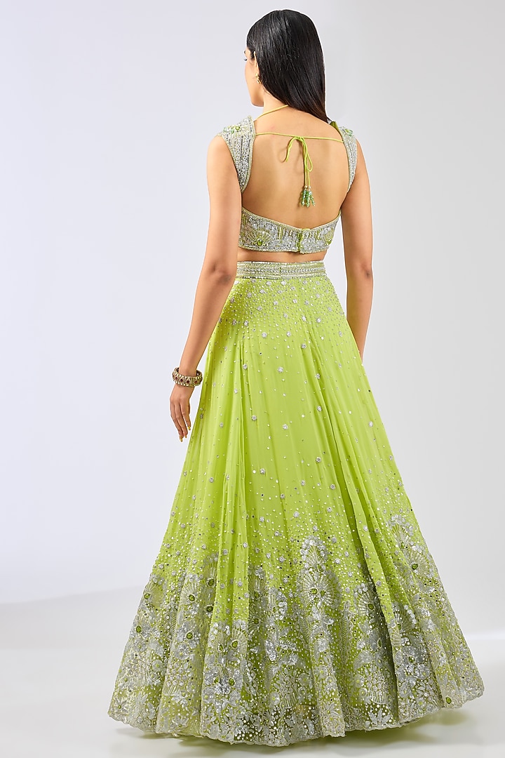 Lime Green Georgette Hand Embroidered Bridal Lehenga Set by Rabani & Rakha at Pernia's Pop Up Shop