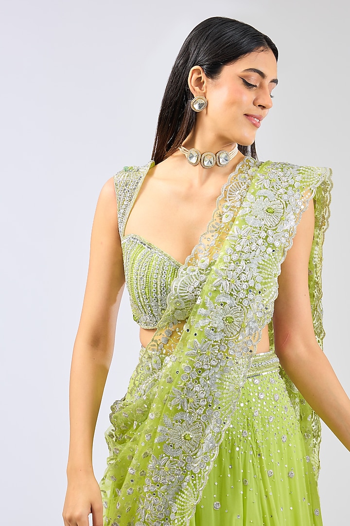 Lime Green Georgette Hand Embroidered Bridal Lehenga Set by Rabani & Rakha at Pernia's Pop Up Shop