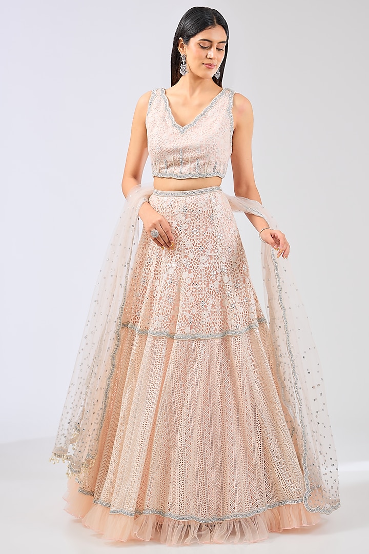 Pink Lace Hand Embroidered Bridal Lehenga Set by Rabani & Rakha at Pernia's Pop Up Shop