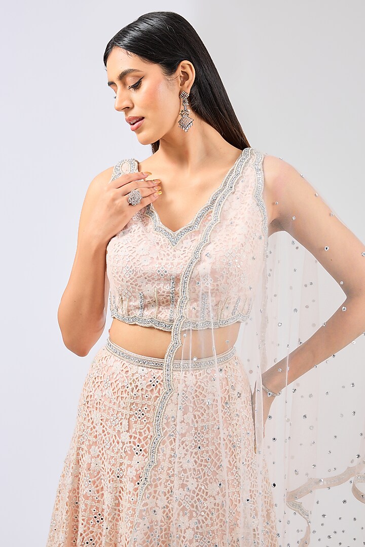 Pink Lace Hand Embroidered Bridal Lehenga Set by Rabani & Rakha at Pernia's Pop Up Shop
