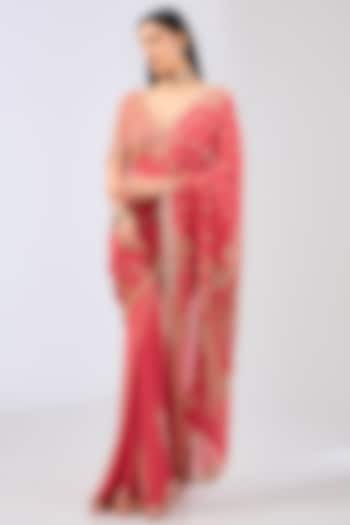 Melon Pink Georgette Sequins Embroidered Saree Set by Rabani & Rakha at Pernia's Pop Up Shop