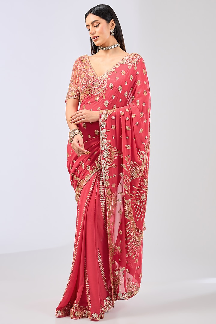 Melon Pink Georgette Sequins Embroidered Saree Set by Rabani & Rakha at Pernia's Pop Up Shop