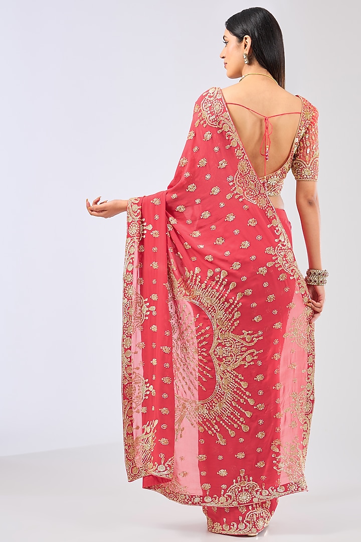 Melon Pink Georgette Sequins Embroidered Reception Saree Set by Rabani & Rakha at Pernia's Pop Up Shop