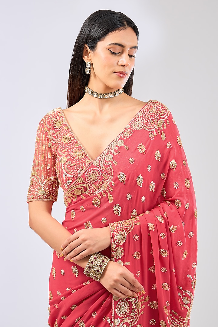 Melon Pink Georgette Sequins Embroidered Reception Saree Set by Rabani & Rakha at Pernia's Pop Up Shop