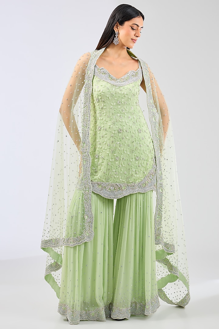 Lime Green Georgette Gharara Set by Rabani & Rakha at Pernia's Pop Up Shop