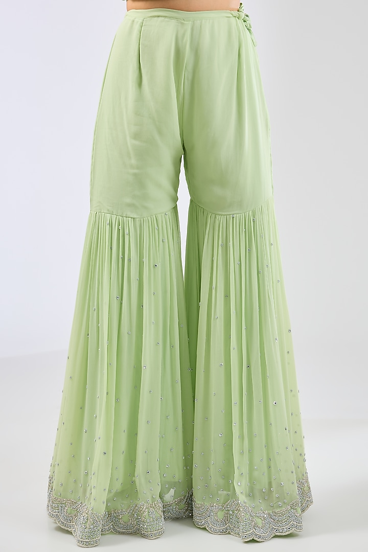 Lime Green Georgette Gharara Set by Rabani & Rakha at Pernia's Pop Up Shop