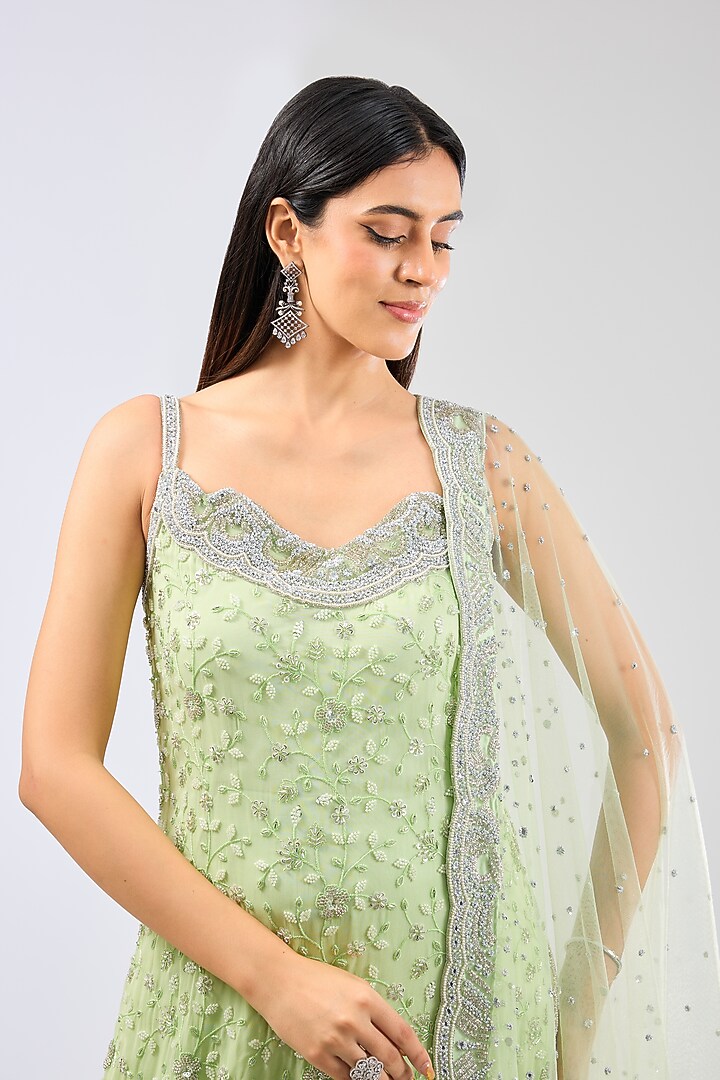 Lime Green Georgette Gharara Set by Rabani & Rakha at Pernia's Pop Up Shop