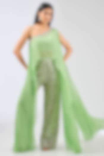 Lime Green Georgette Mirror Work Pant Set by Rabani & Rakha at Pernia's Pop Up Shop