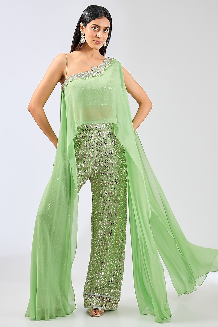 Lime Green Georgette Mirror Work Pant Set by Rabani & Rakha at Pernia's Pop Up Shop