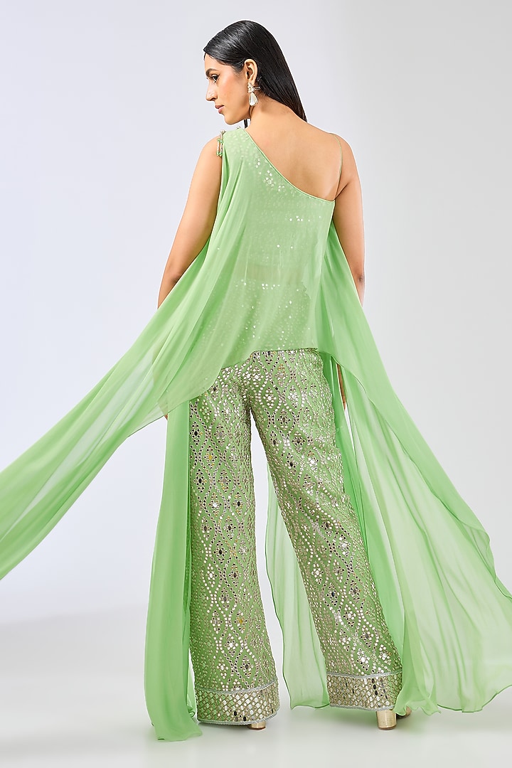 Lime Green Georgette Mirror Work Pant Set by Rabani & Rakha at Pernia's Pop Up Shop