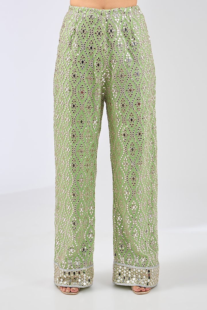 Lime Green Georgette Mirror Work Pant Set by Rabani & Rakha at Pernia's Pop Up Shop