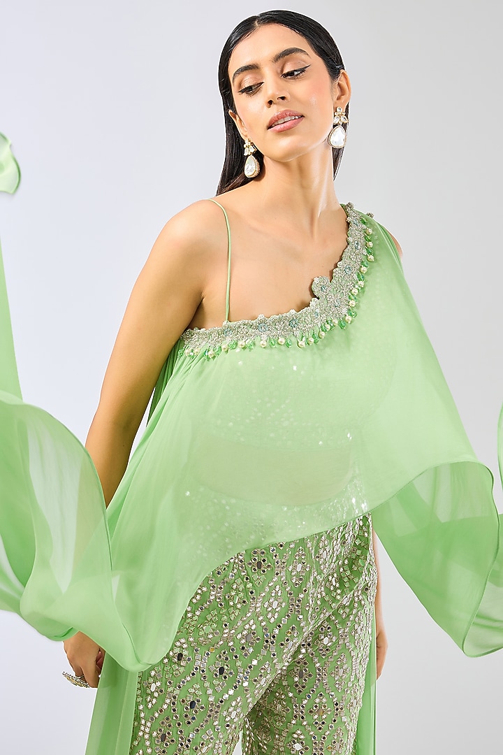 Lime Green Georgette Mirror Work Pant Set by Rabani & Rakha at Pernia's Pop Up Shop