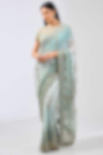 Sage Green Shaded Georgette Sequins Embroidered Saree Set by Rabani & Rakha at Pernia's Pop Up Shop