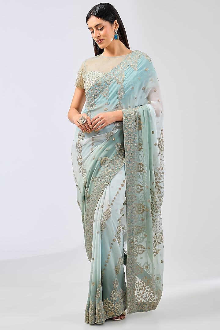 Sage Green Shaded Georgette Sequins Embroidered Saree Set by Rabani & Rakha at Pernia's Pop Up Shop