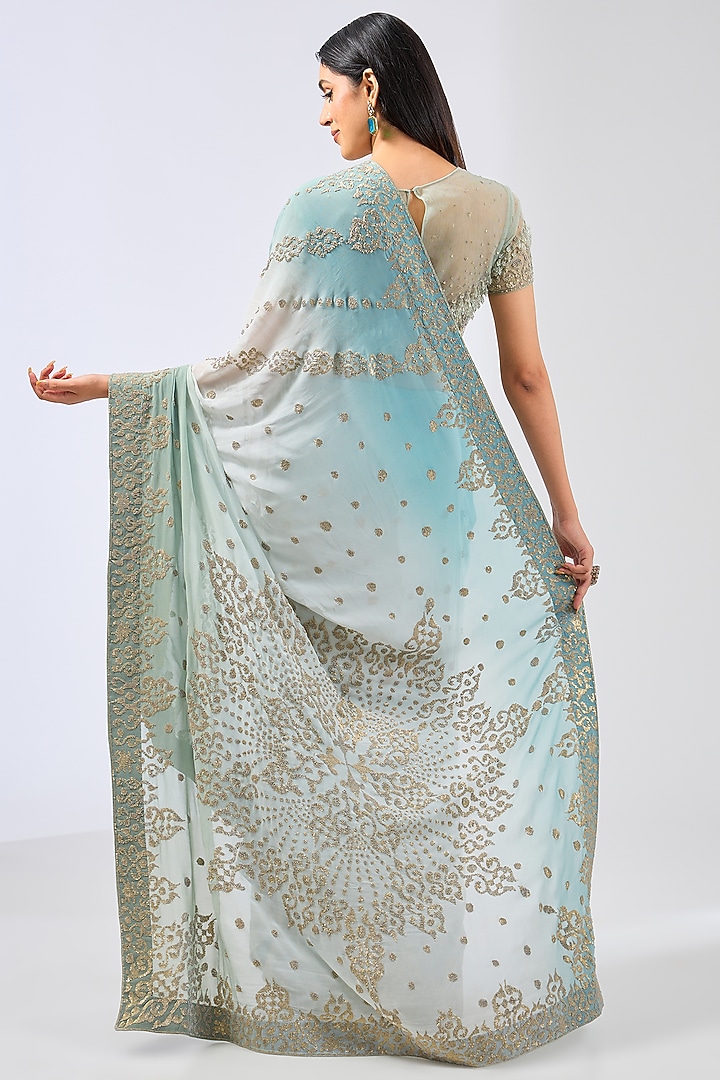 Sage Green Shaded Georgette Sequins Embroidered Reception Saree Set by Rabani & Rakha at Pernia's Pop Up Shop