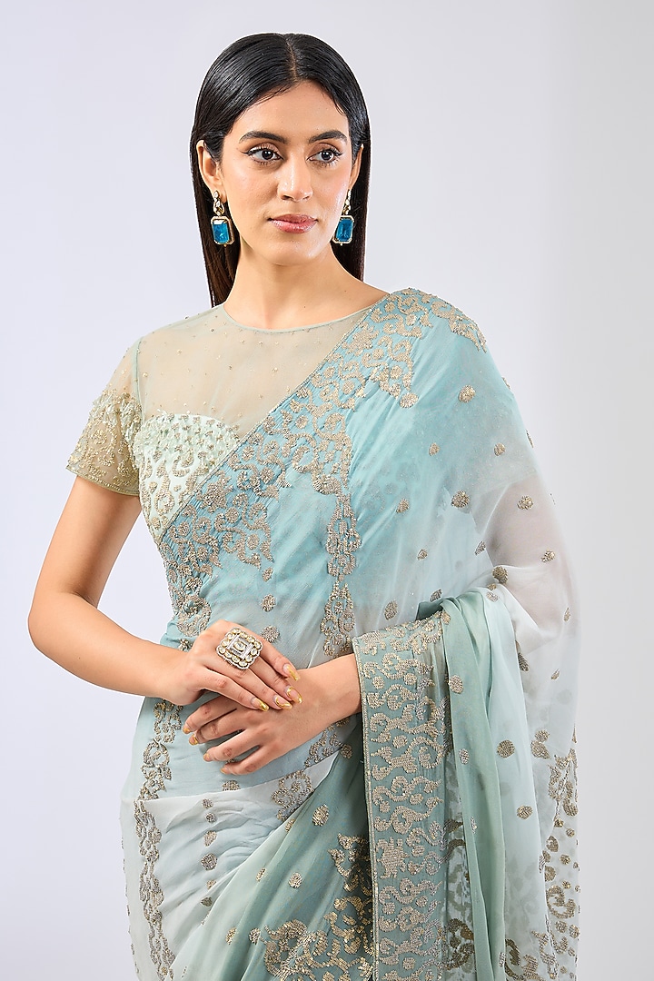 Sage Green Shaded Georgette Sequins Embroidered Reception Saree Set by Rabani & Rakha at Pernia's Pop Up Shop