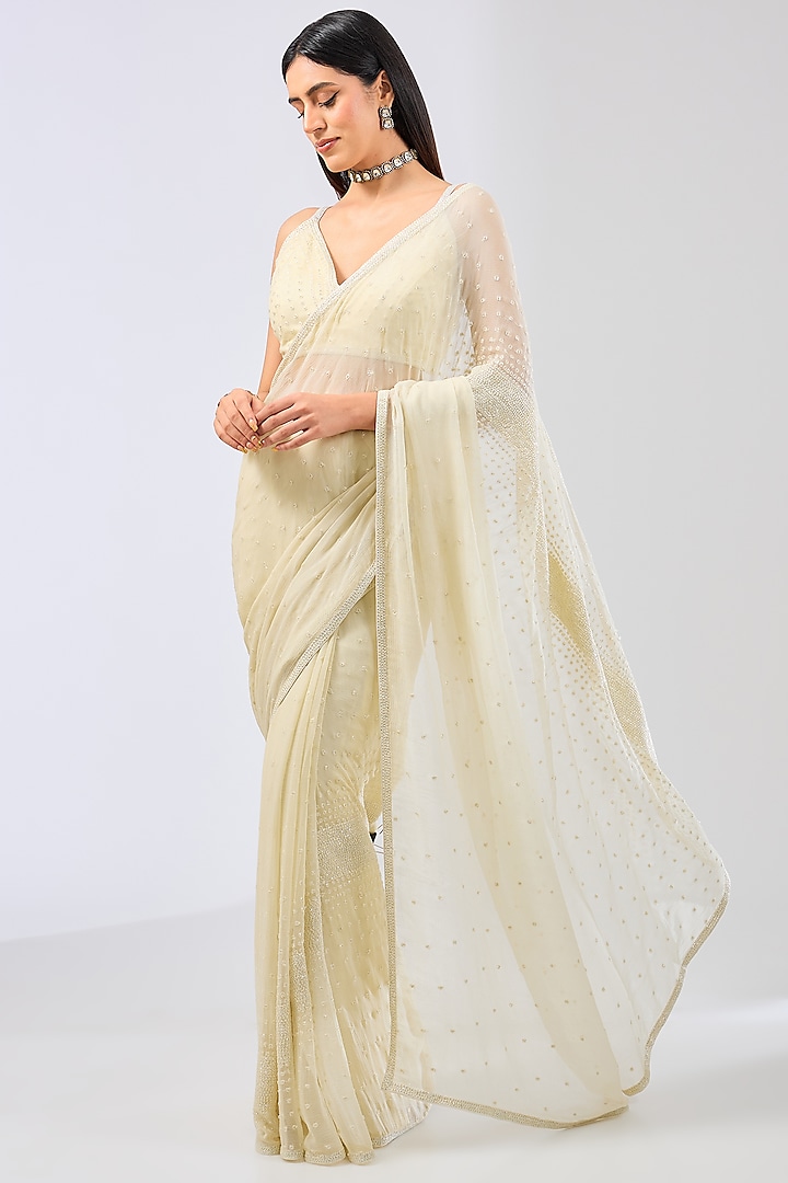 Sage Georgette Thread Hand Embroidered Saree Set by Rabani & Rakha at Pernia's Pop Up Shop