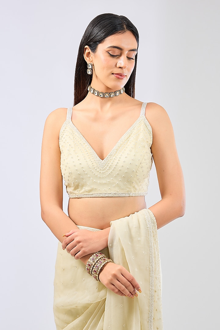 Sage Georgette Thread Hand Embroidered Reception Saree Set by Rabani & Rakha at Pernia's Pop Up Shop