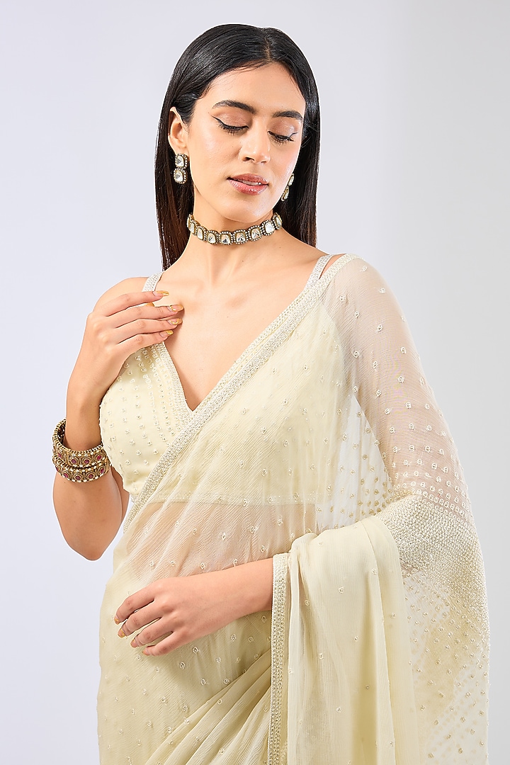 Sage Georgette Thread Hand Embroidered Reception Saree Set by Rabani & Rakha at Pernia's Pop Up Shop