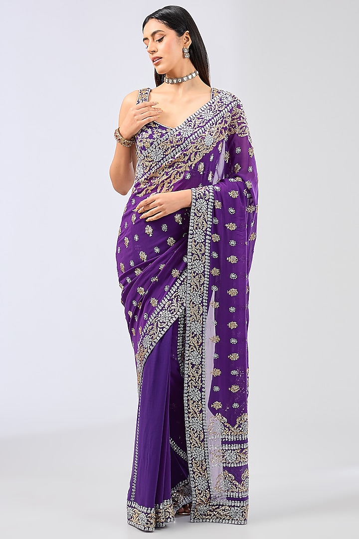 Purple Georgette Sequins Embroidered Saree Set by Rabani & Rakha at Pernia's Pop Up Shop