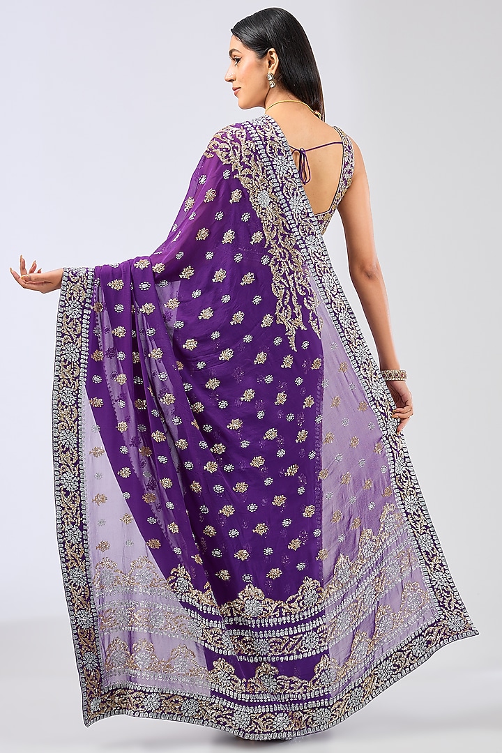 Purple Georgette Sequins Embroidered Reception Saree Set by Rabani & Rakha at Pernia's Pop Up Shop