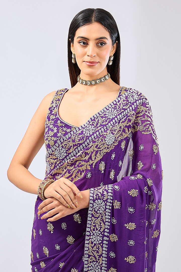 Purple Georgette Sequins Embroidered Reception Saree Set by Rabani & Rakha at Pernia's Pop Up Shop